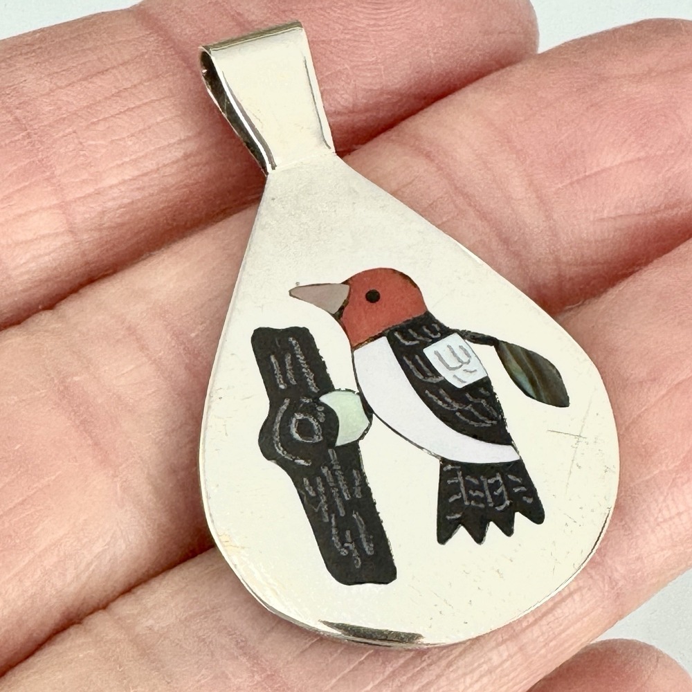 Zuni Woodpecker Bird Pendant‎ 1.5in Edaakie Turquoise Inlay Sterling Animal USA